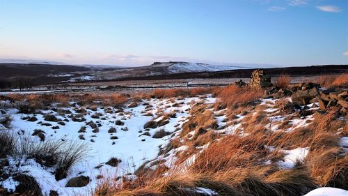 Snow covered landscape against sky