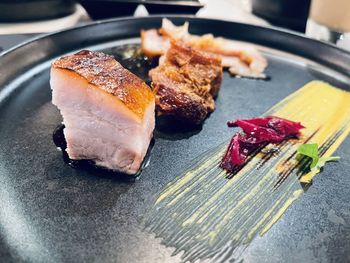 High angle view of food in plate on table