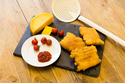 High angle view of breakfast on table