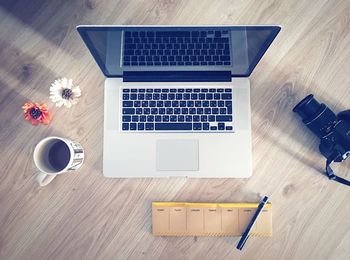 High angle view of laptop on table