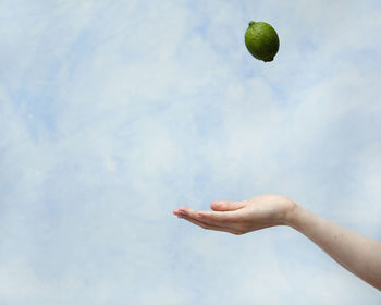 Cropped hand catching lime against cloudy sky