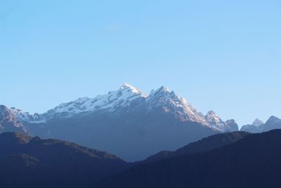 Scenic view of snowcapped mountains against clear blue sky