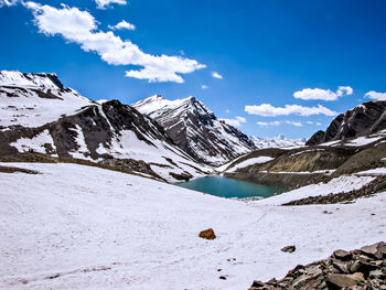 Scenic view of snowcapped mountains against sky