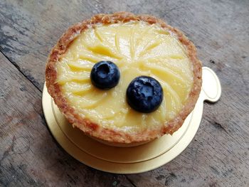 High angle view of cake in plate on table
