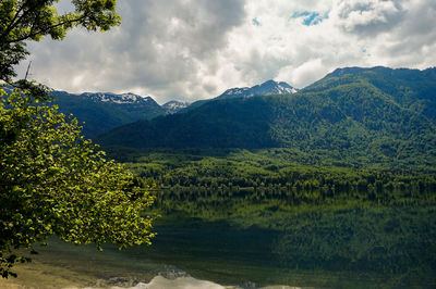 Scenic view of lake and mountains against sky