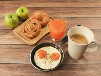 High angle view of breakfast on table