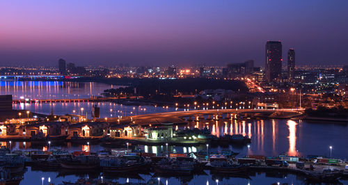 Illuminated cityscape against sky at dusk