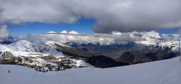 Scenic view of snowcapped mountains against sky