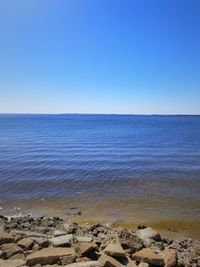 Scenic view of sea against clear blue sky