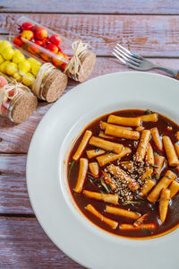 High angle view of pasta in plate on table