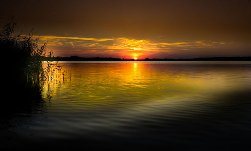 Scenic view of lake against sky during sunset