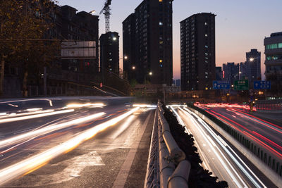 Light trails on road at night