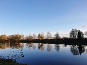 Scenic view of lake against clear blue sky