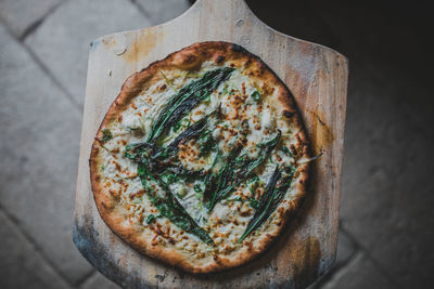 Directly above shot of pizza on table