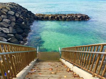 High angle view of rocks at sea shore