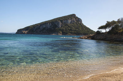 Scenic view of sea against clear blue sky