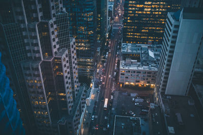 High angle view of illuminated buildings at night