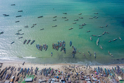 High angle view of group of people on beach