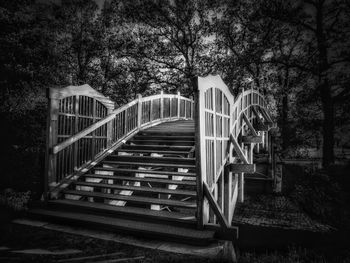 Staircase leading towards building in forest