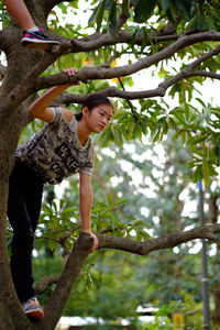 Low angle view of woman standing on tree trunk