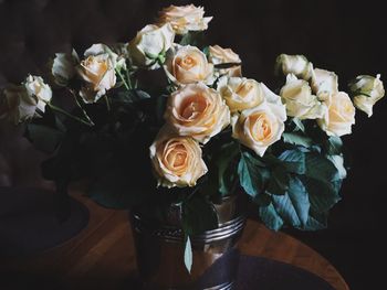 High angle view of rose bouquet on table