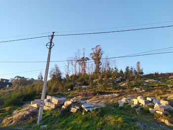 Electricity pylon on field against clear sky