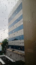 Raindrops on glass window of building