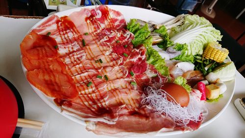 High angle view of food in plate