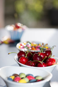 Close-up of strawberries in bowl on table