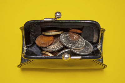 Close-up of coins on yellow background