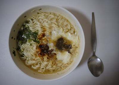 High angle view of food in bowl on table