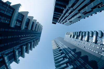 A group of skyscrapers taken with a fish-eye lens.