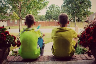 Rear view of boys sitting on tree