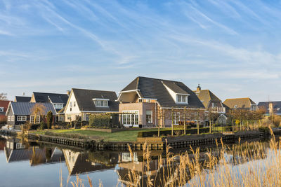 Reflection of buildings on river against sky