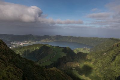 Scenic view of landscape and sea against sky