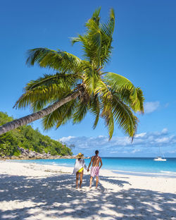 People on beach against clear blue sky