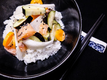 High angle view of sushi salad in plate