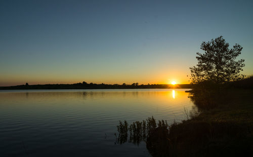 Scenic view of lake against sky during sunset