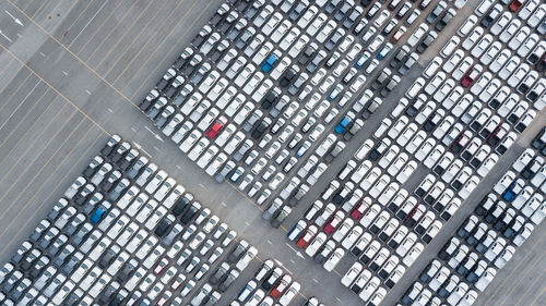 High angle view of cars parked on road