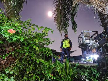 Man standing by illuminated tree against sky