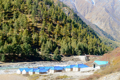 High angle view of baspa river camp area in chitkul against pine trees in forest