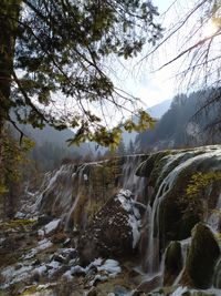 Beautiful view of waterfall in jiuzhaigou national park in china, the heaven on the earth with snow