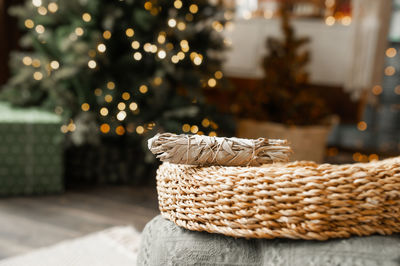 Close-up of wicker basket on table