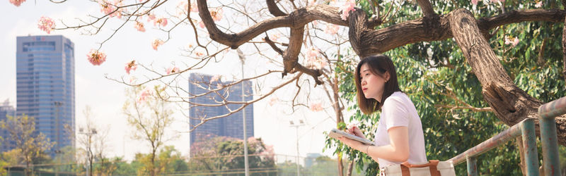 Asian woman solo traveler diary record to her tablet with see pink cherry blossom blooming