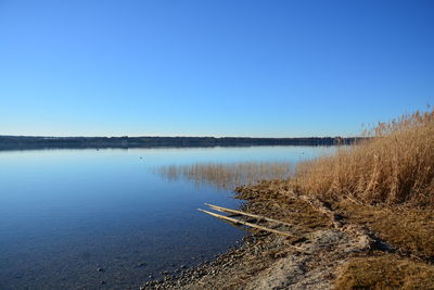 Scenic view of lake against clear blue sky