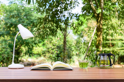 Close-up of open book on table against trees