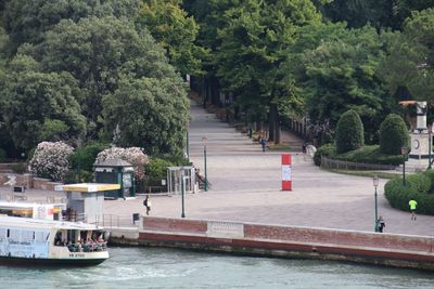 Scenic view of river by trees in city