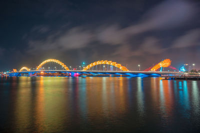 Illuminated bridge over river against sky