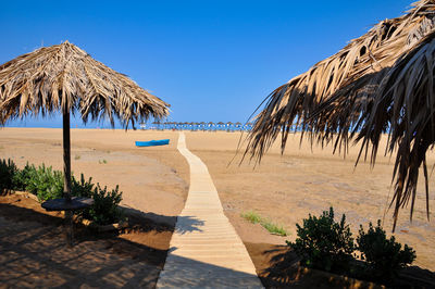 Panoramic view of beach against clear blue sky