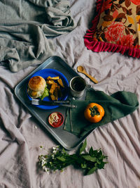 High angle view of breakfast on table